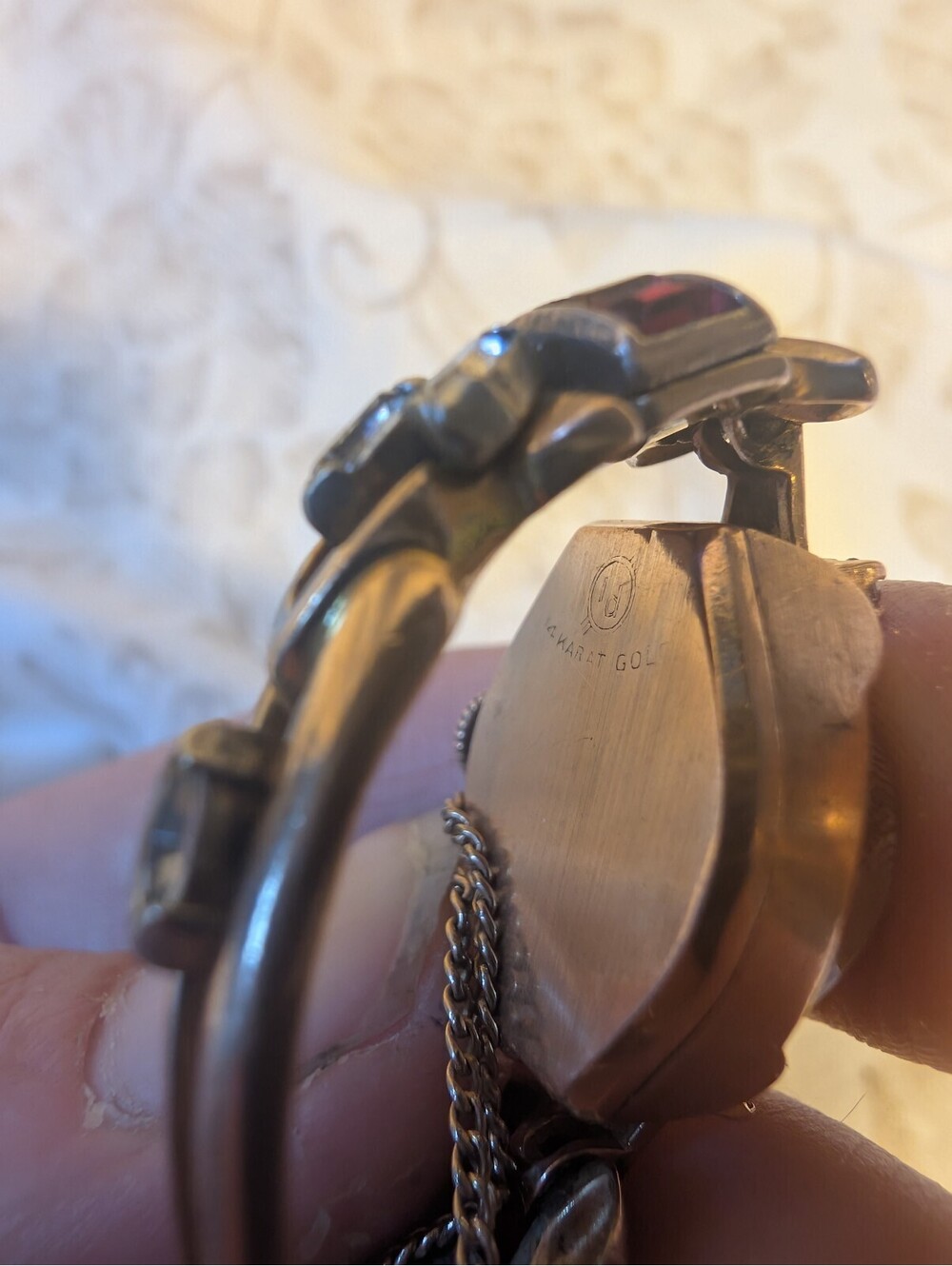 Vintage Jeweled 14 k Gold Women's Watch with Ruby Gem Accents - Picture 4 of 5